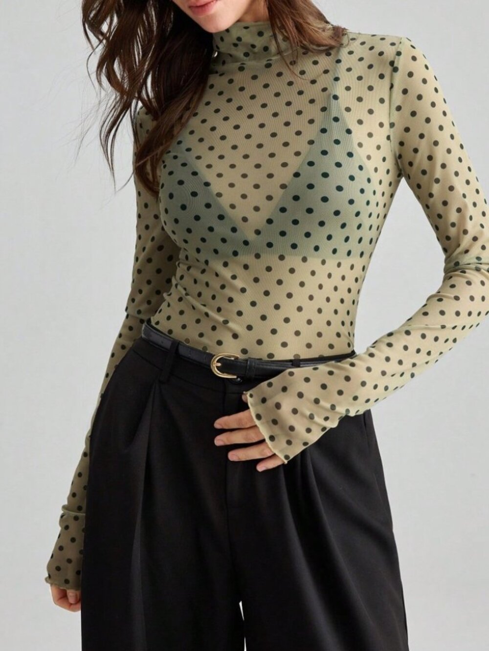 Sage Green Polka Dot Mesh Mock Neck Sheer Top